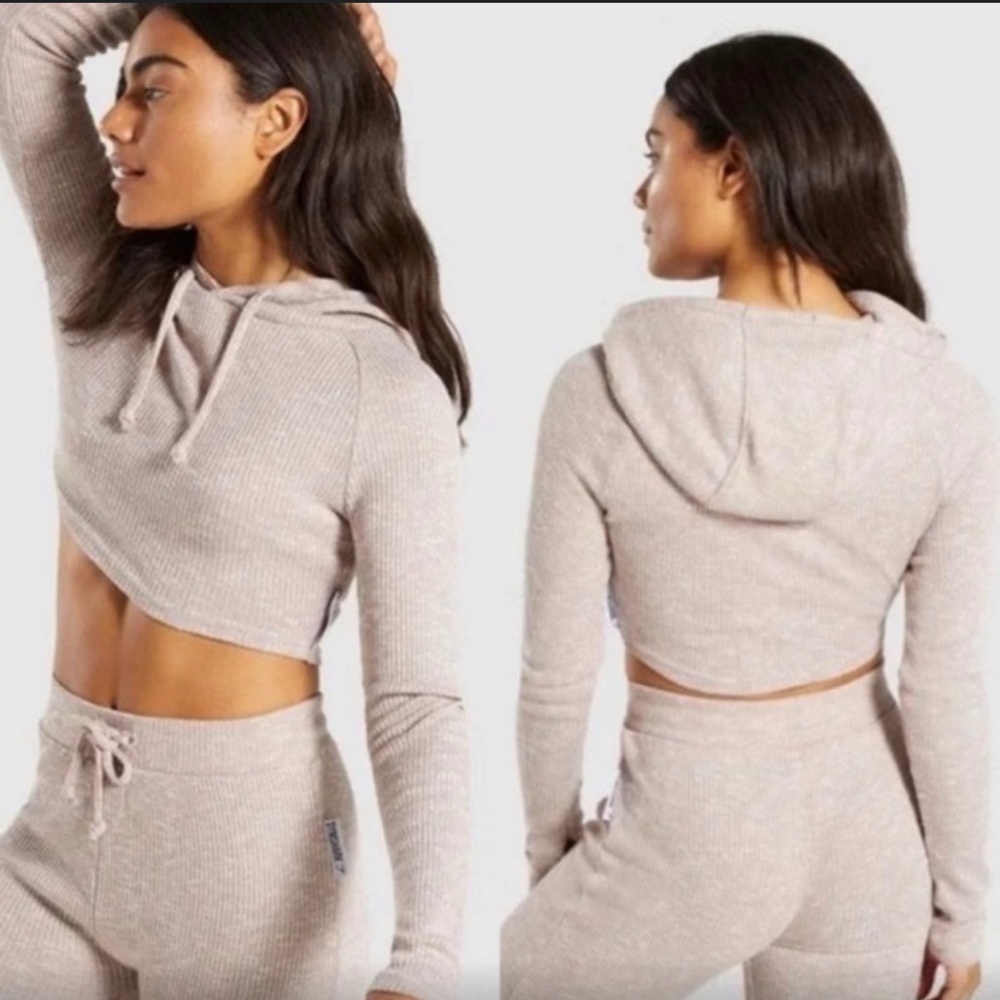 Gymshark Slounge Ribbed Crop Hoodie S Taupe